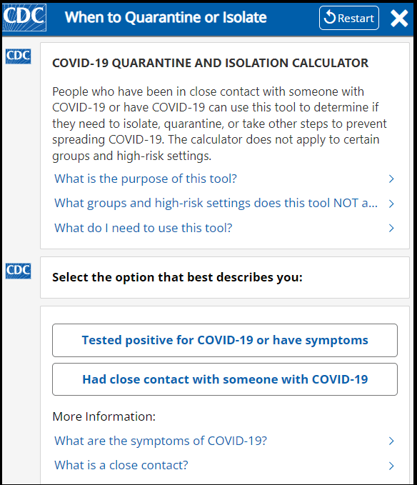 CDC Publishes Quarantine and Isolation Calculator