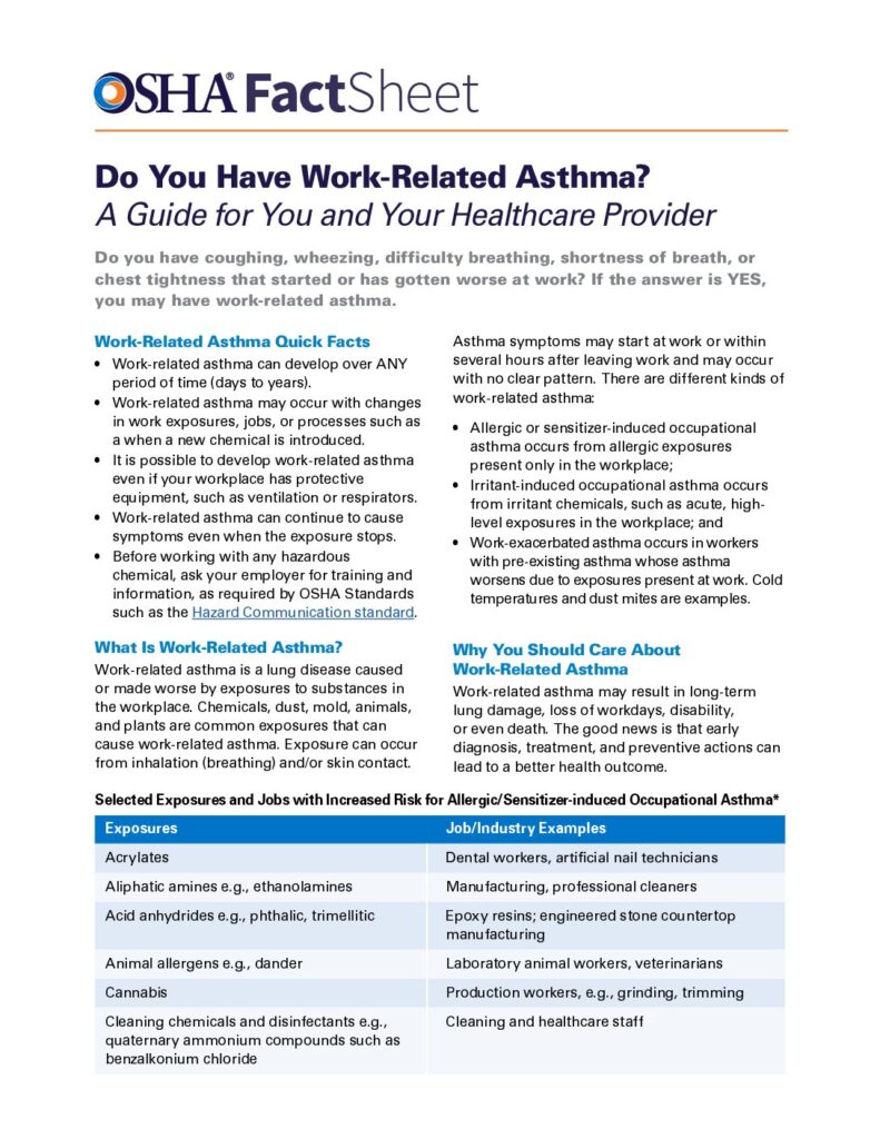Cover page of the OSHA fact sheet Do You Have Work-Related Asthma? A Guide for You and Your Healthcare Provider