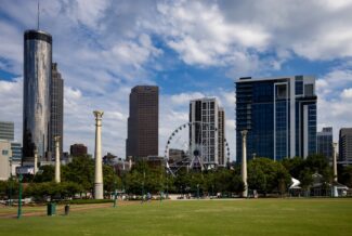 Atlanta skyline with Ferris wheel Atlanta, Georgia skyline with Ferris wheel and Centennial Olympic Park