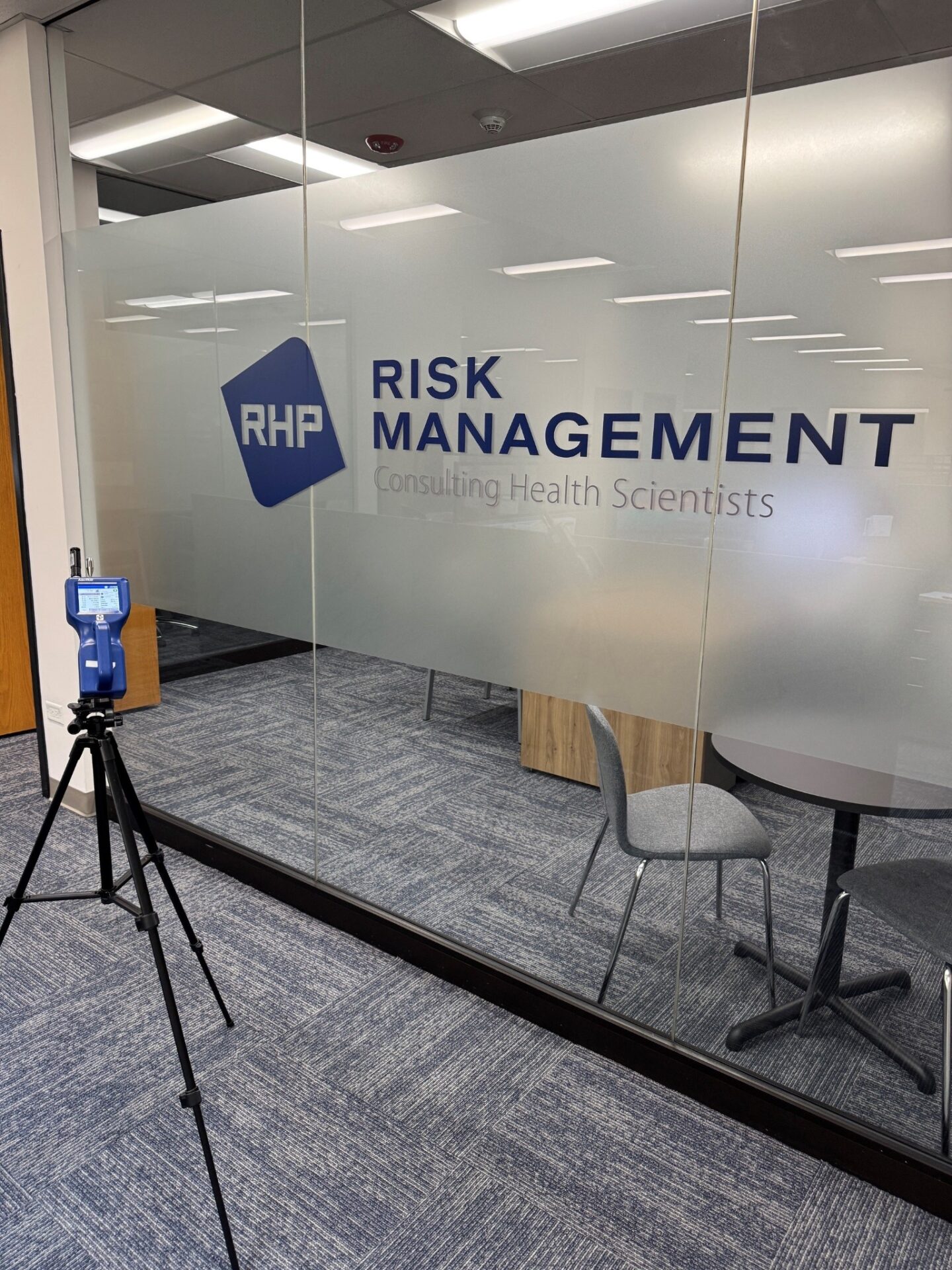Indoor AeroTrak real-time particle monitoring performed inside RHP Risk Management's Elk Grove Village office